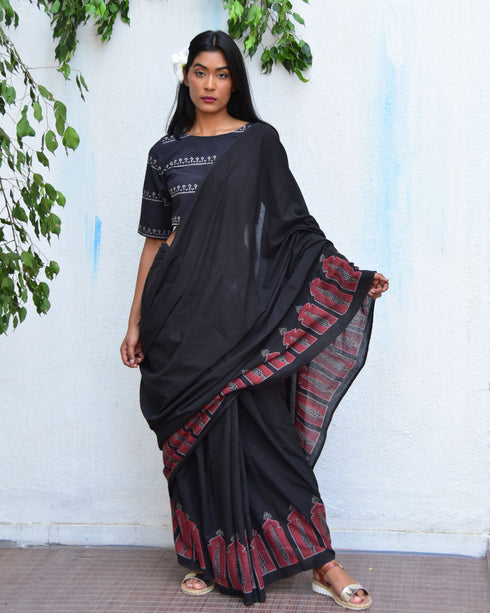 Moonlit Serenade Hand Block Printed Mulmul Cotton Saree
