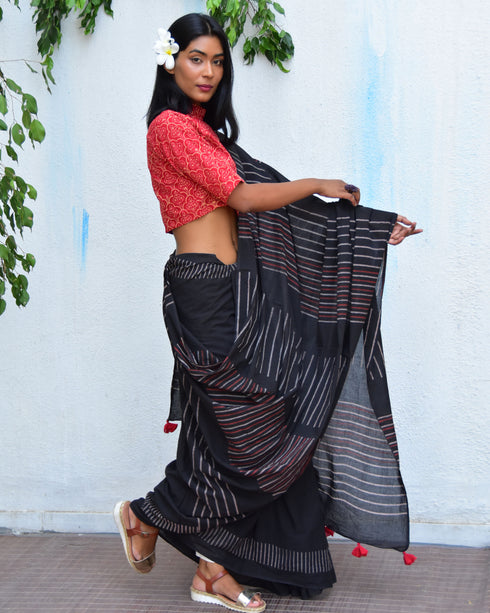 Ruby Radiance Hand Block Printed Mulmul Cotton Saree