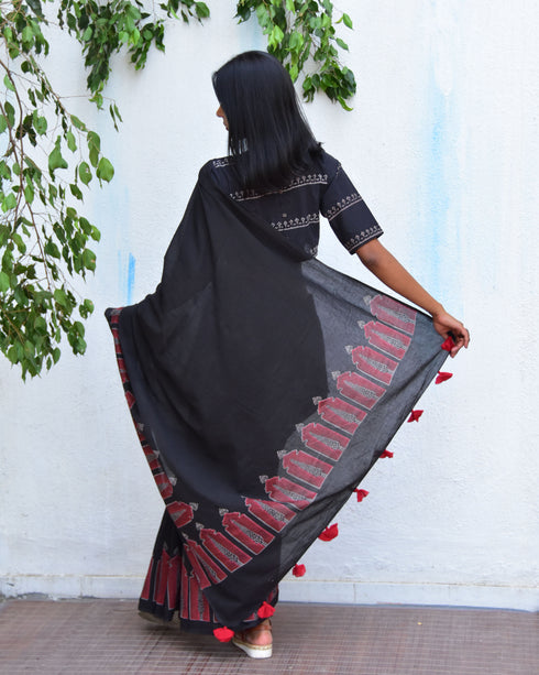 Moonlit Serenade Hand Block Printed Mulmul Cotton Saree