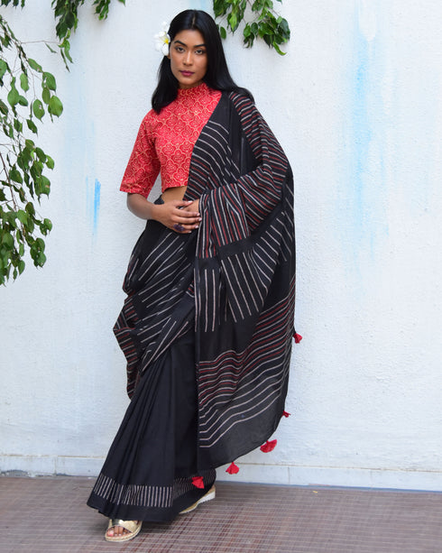 Ruby Radiance Hand Block Printed Mulmul Cotton Saree