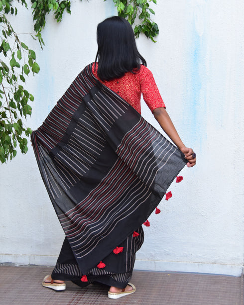 Ruby Radiance Hand Block Printed Mulmul Cotton Saree