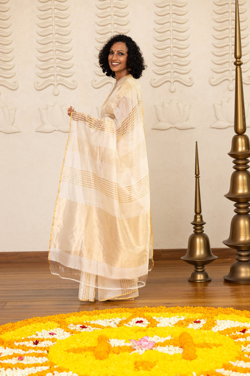 Handwoven Beige & Gold Chanderi Tissue Saree