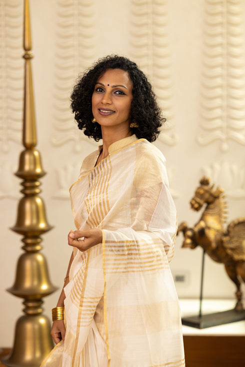 Handwoven Beige & Gold Chanderi Tissue Saree