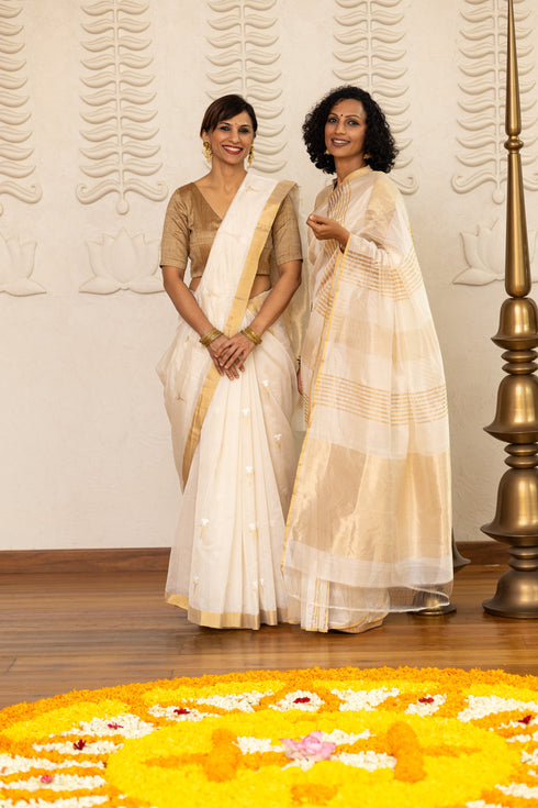 Handwoven Beige & Gold Chanderi Tissue Saree