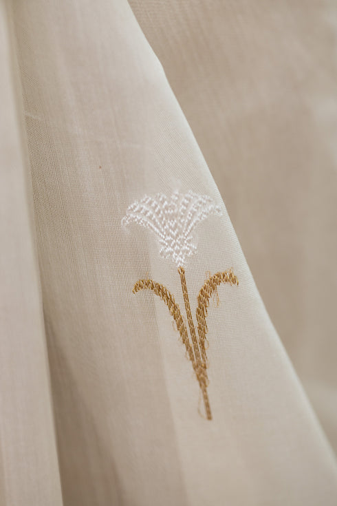 Handwoven Chanderi Cotton Silk White & Gold Tulip Saree