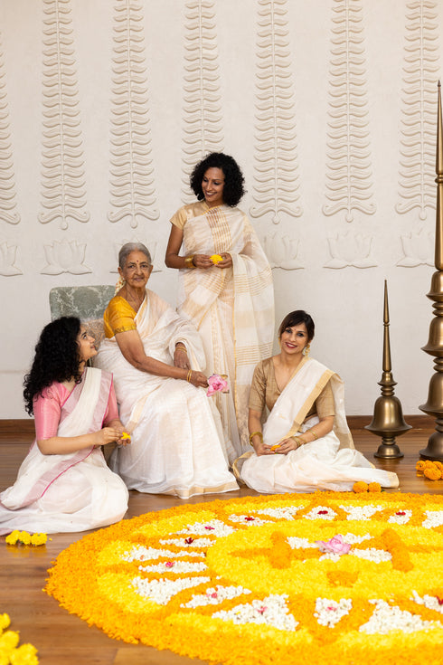 Handwoven Chanderi Cotton Silk White & Gold Tulip Saree