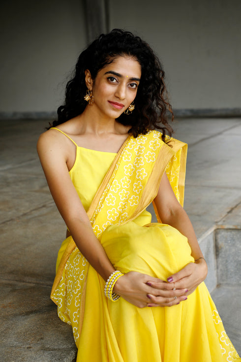 Handwoven Handprinted Yellow Bengal Cotton Saree