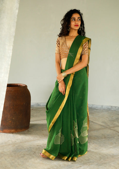 Handwoven Handprinted Green Bengal Cotton Saree