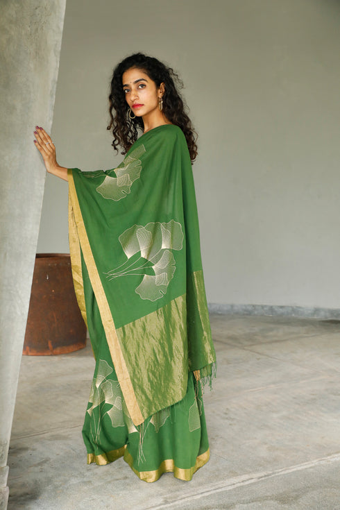 Handwoven Handprinted Green Bengal Cotton Saree