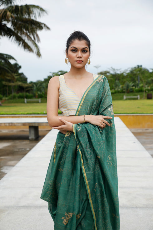 Handwoven Handprinted Aquamarine Chanderi Saree