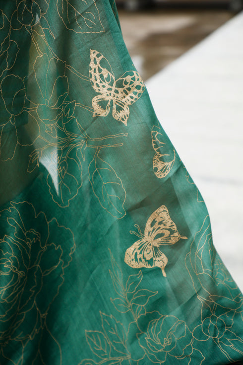 Handwoven Handprinted Aquamarine Chanderi Saree