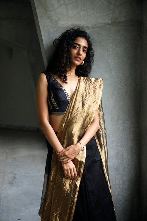 Handloom Black Chanderi Tissue Saree