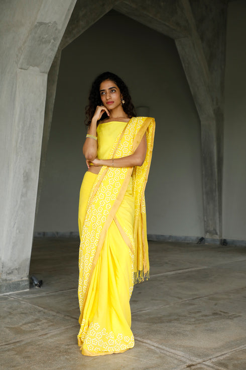 Handwoven Handprinted Yellow Bengal Cotton Saree
