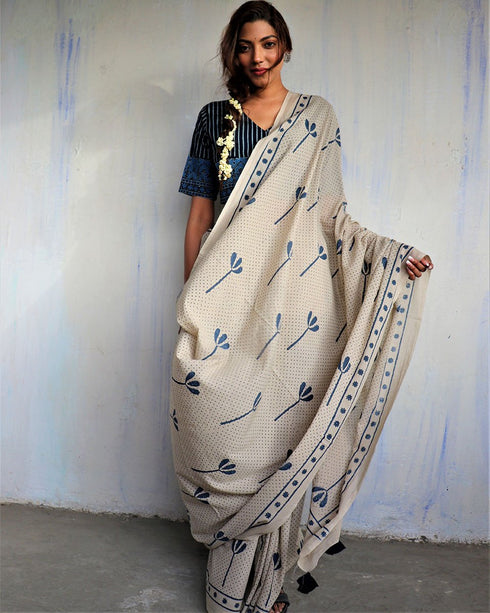 Ivory Blockprinted Cotton Mul Saree
