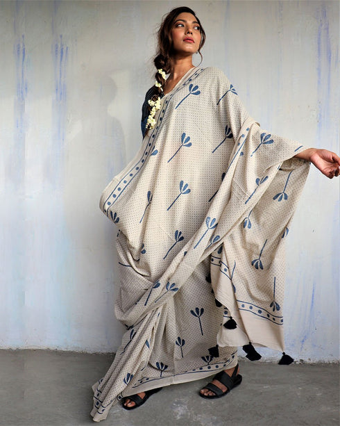Ivory Blockprinted Cotton Mul Saree