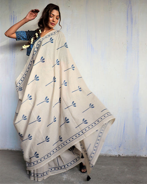 Ivory Blockprinted Cotton Mul Saree