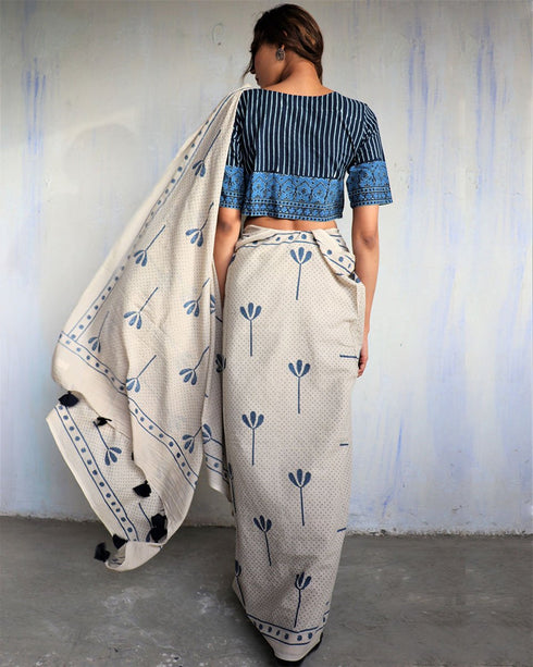 Ivory Blockprinted Cotton Mul Saree