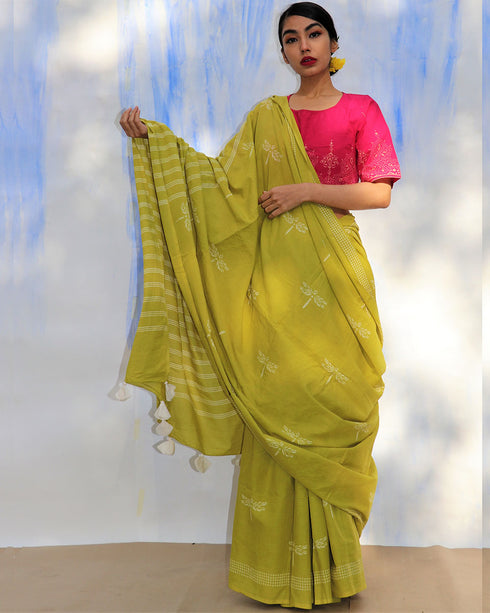 Melody Of Parrots Hand Block Printed Cotton Saree