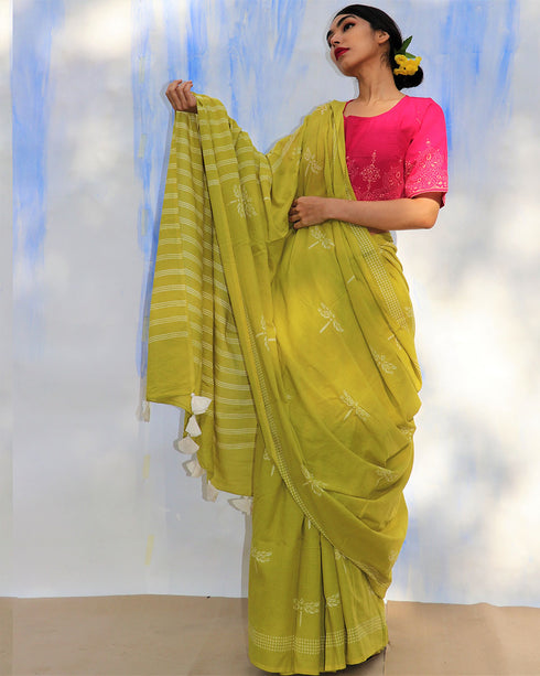 Melody Of Parrots Hand Block Printed Cotton Saree