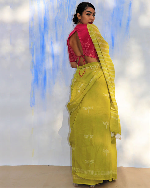 Melody Of Parrots Hand Block Printed Cotton Saree