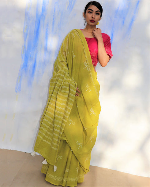 Melody Of Parrots Hand Block Printed Cotton Saree