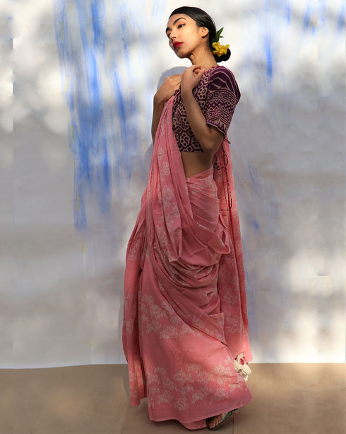Pink Bouquet Hand Block Printed Cotton Saree
