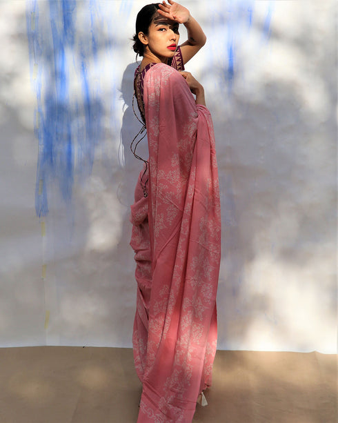 Pink Bouquet Hand Block Printed Cotton Saree