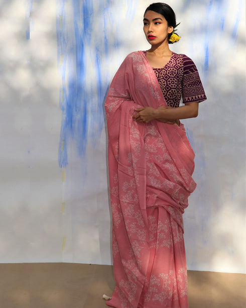 Pink Bouquet Hand Block Printed Cotton Saree