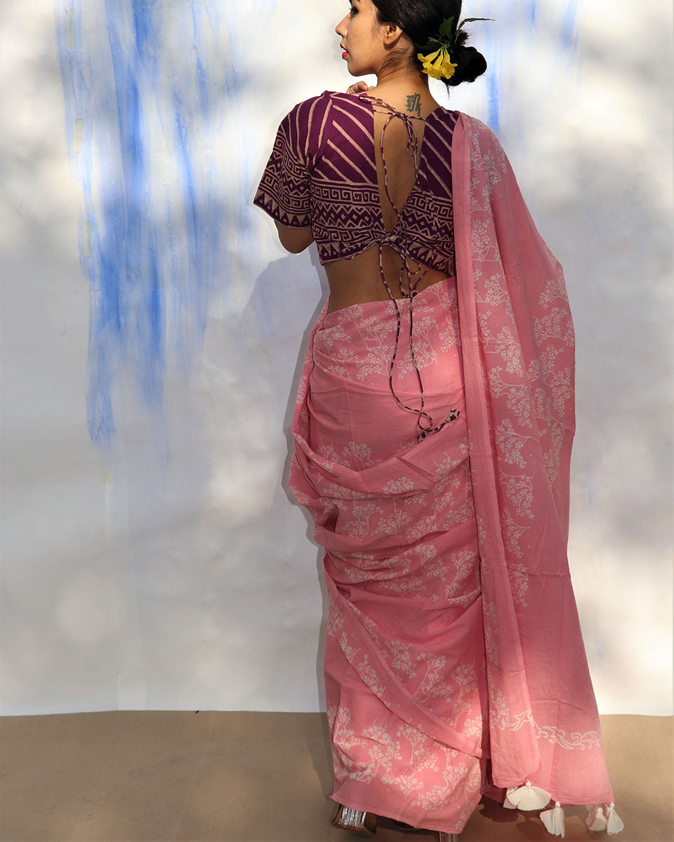Pink Square Block Print Cotton Saree with Blouse