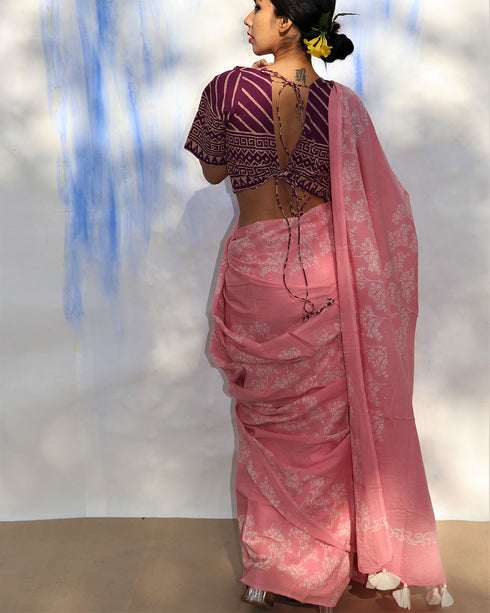 Pink Bouquet Hand Block Printed Cotton Saree