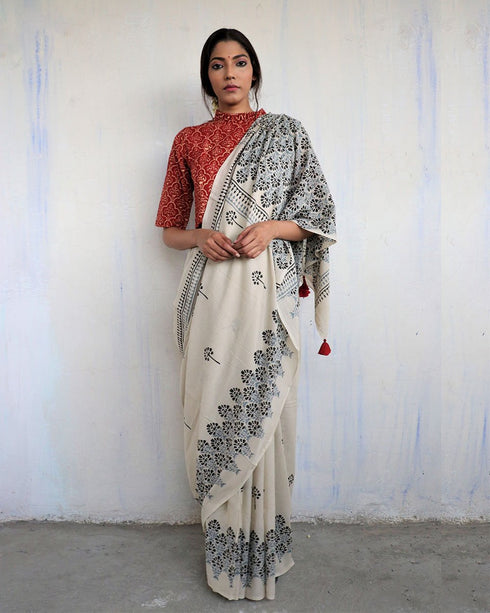Ivory Grey Block Printed Cotton Mul Saree