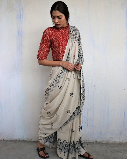 Ivory Grey Block Printed Cotton Mul Saree