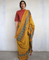 Mustard Block Printed Cotton Mul Mul Saree