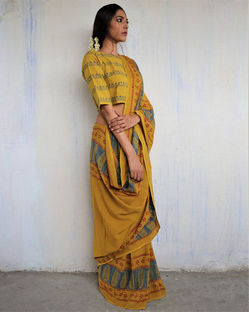 Mustard Block Printed Cotton Mul Mul Saree