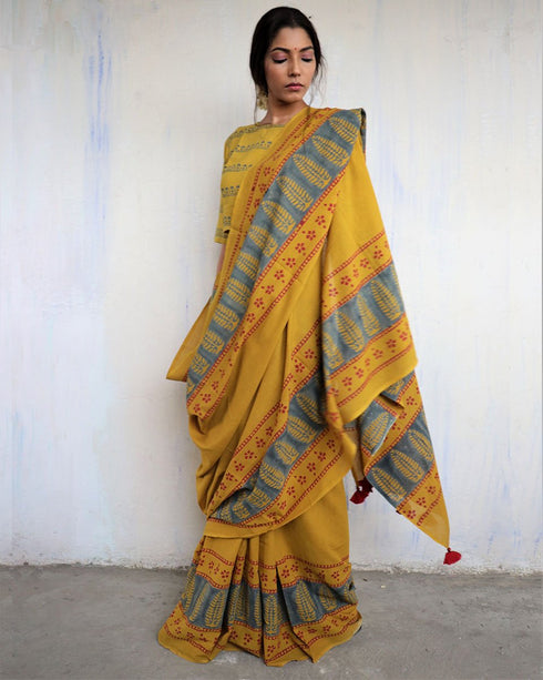 Mustard Block Printed Cotton Mul Mul Saree