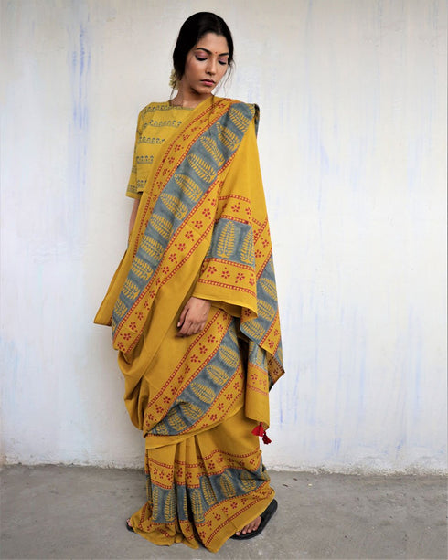 Mustard Block Printed Cotton Mul Mul Saree
