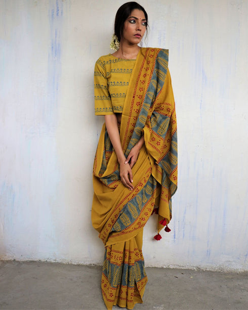 Mustard Block Printed Cotton Mul Mul Saree