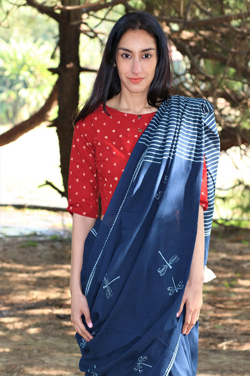Dragonfly Flight Hand Block Printed Cotton Saree