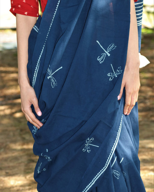 Dragonfly Flight Hand Block Printed Cotton Saree