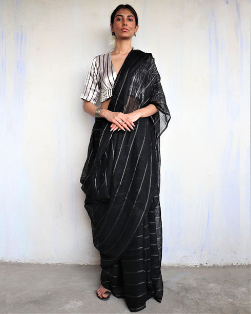 Nutan Handwoven Linen Zari Saree