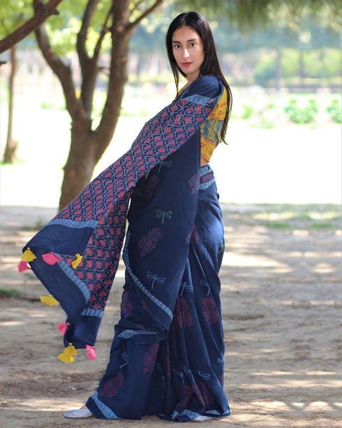 Dragonfly Dream Hand Block Printed Cotton Saree