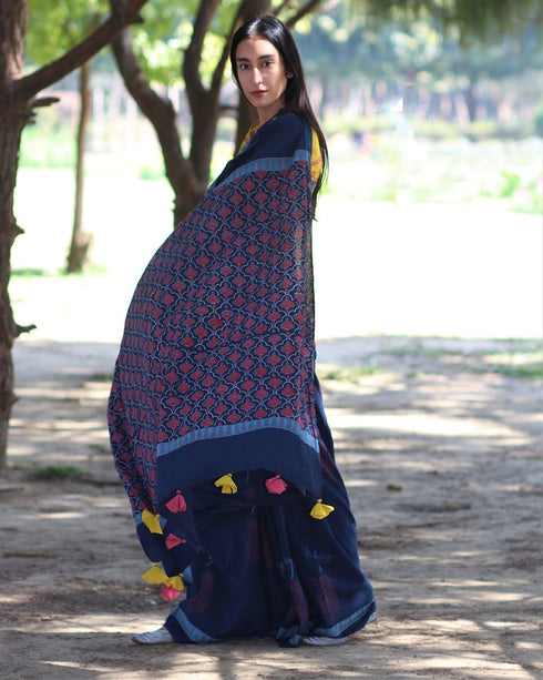 Dragonfly Dream Hand Block Printed Cotton Saree