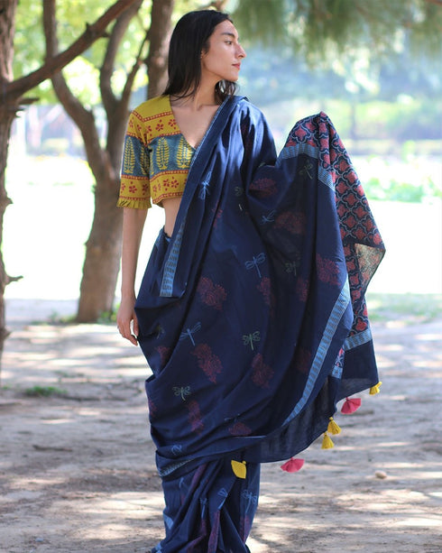Dragonfly Dream Hand Block Printed Cotton Saree