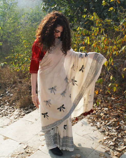 Dragonfly Dawn Hand Block Printed Cotton Saree