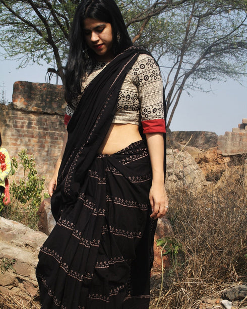 Black Hand Block Printed Cotton Mul Saree