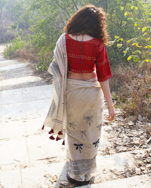 Dragonfly Dawn Hand Block Printed Cotton Saree
