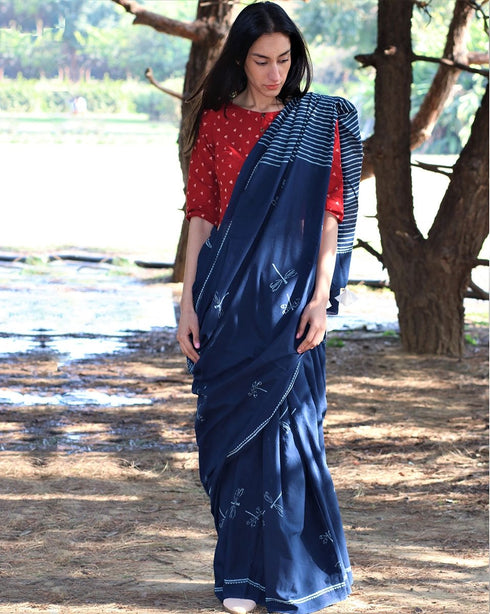 Dragonfly Flight Hand Block Printed Cotton Saree