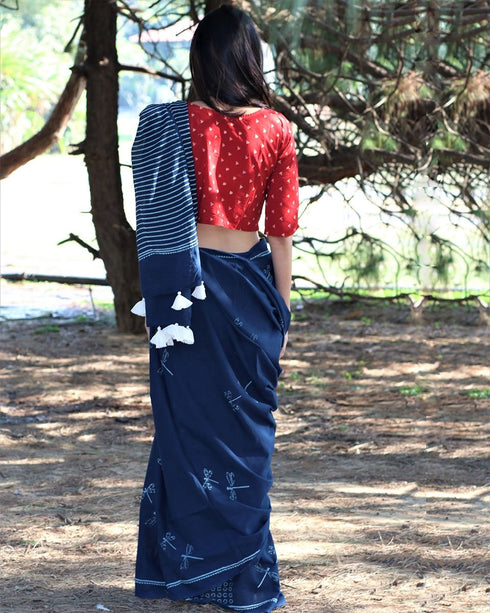 Dragonfly Flight Hand Block Printed Cotton Saree