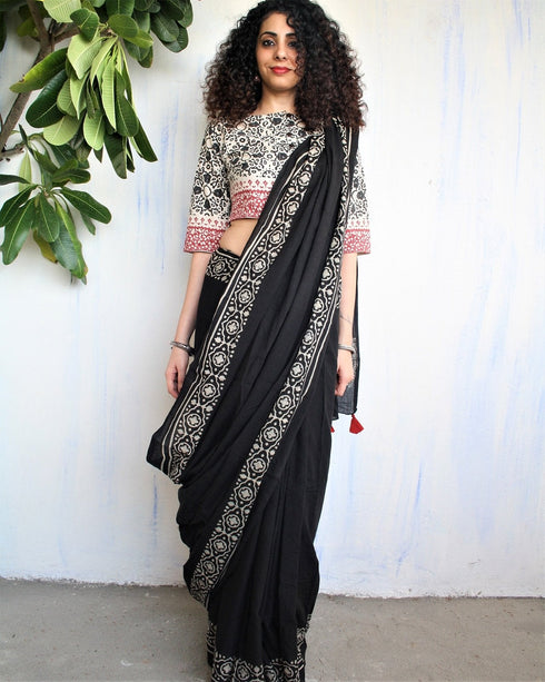 Ivory Black Hand Block Printed Cotton Mul Saree