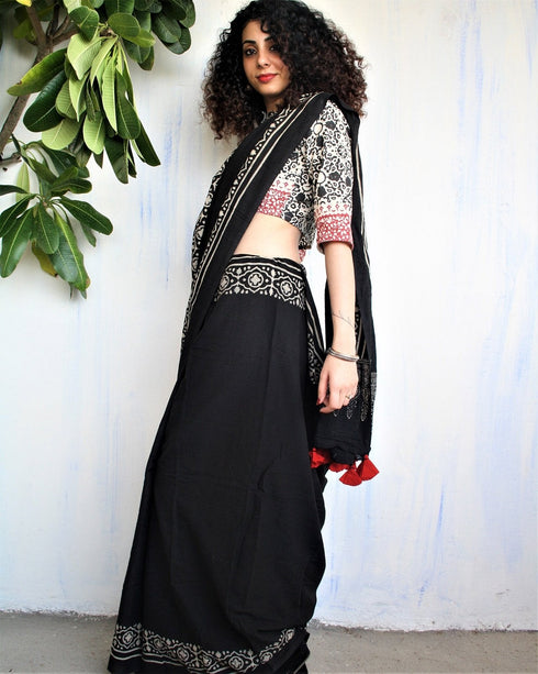 Ivory Black Hand Block Printed Cotton Mul Saree